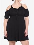 Black Lace-Up Cold Shoulder Puff Sleeve Dress Plus Size, BLACK, hi-res