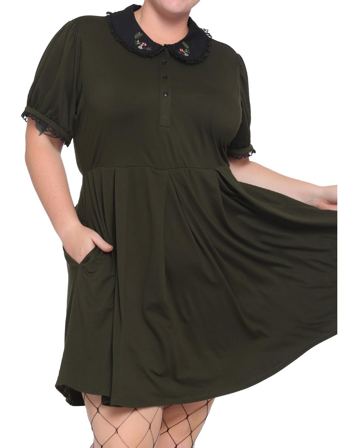 Forest Green Embroidered Collar Dress Plus Size, FOREST GREEN, hi-res
