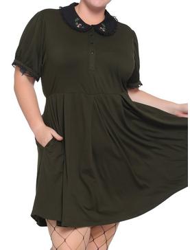 Forest Green Embroidered Collar Dress Plus Size, , hi-res