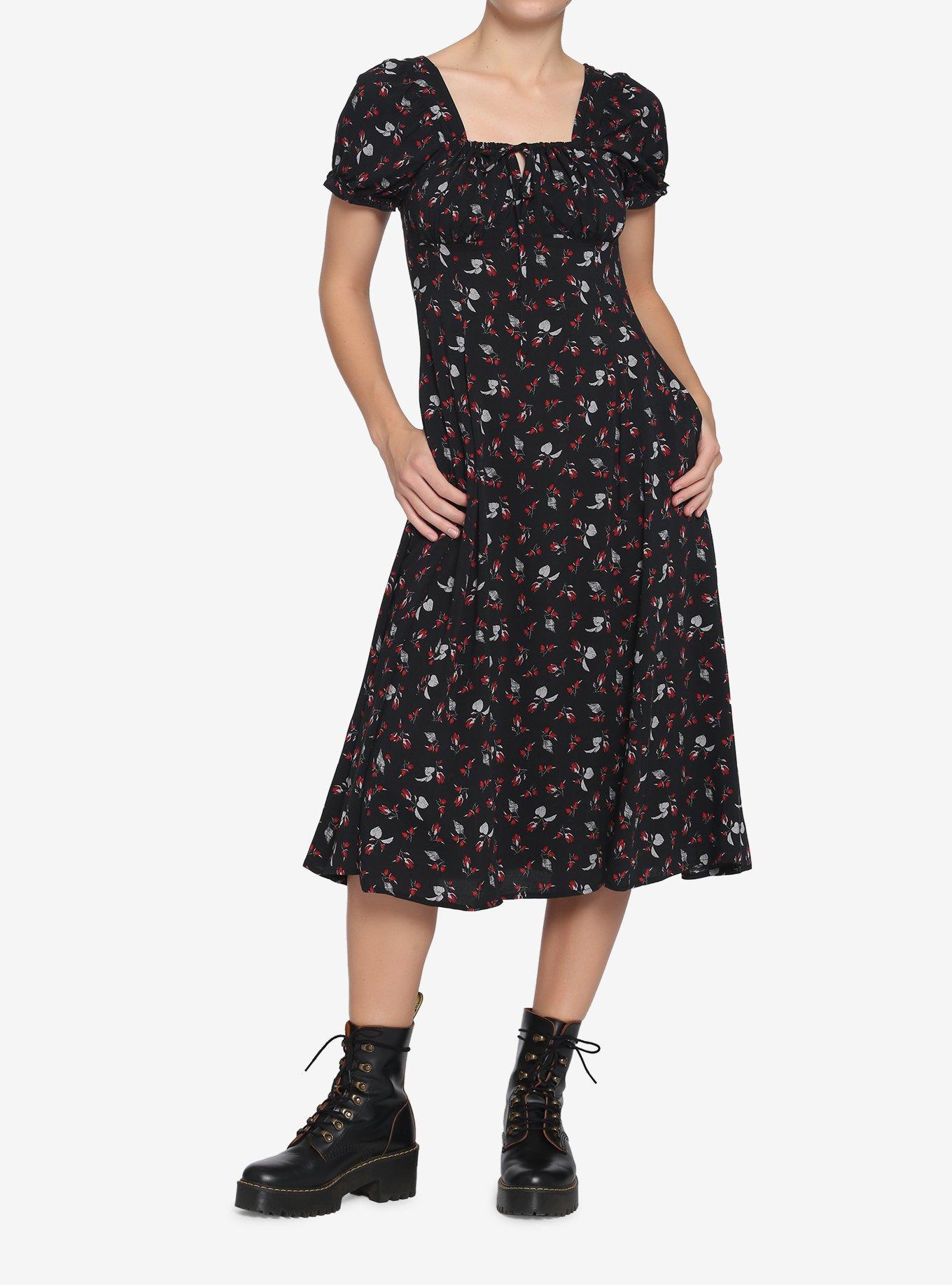 Black & Red Rose Midi Dress, ROSE, hi-res