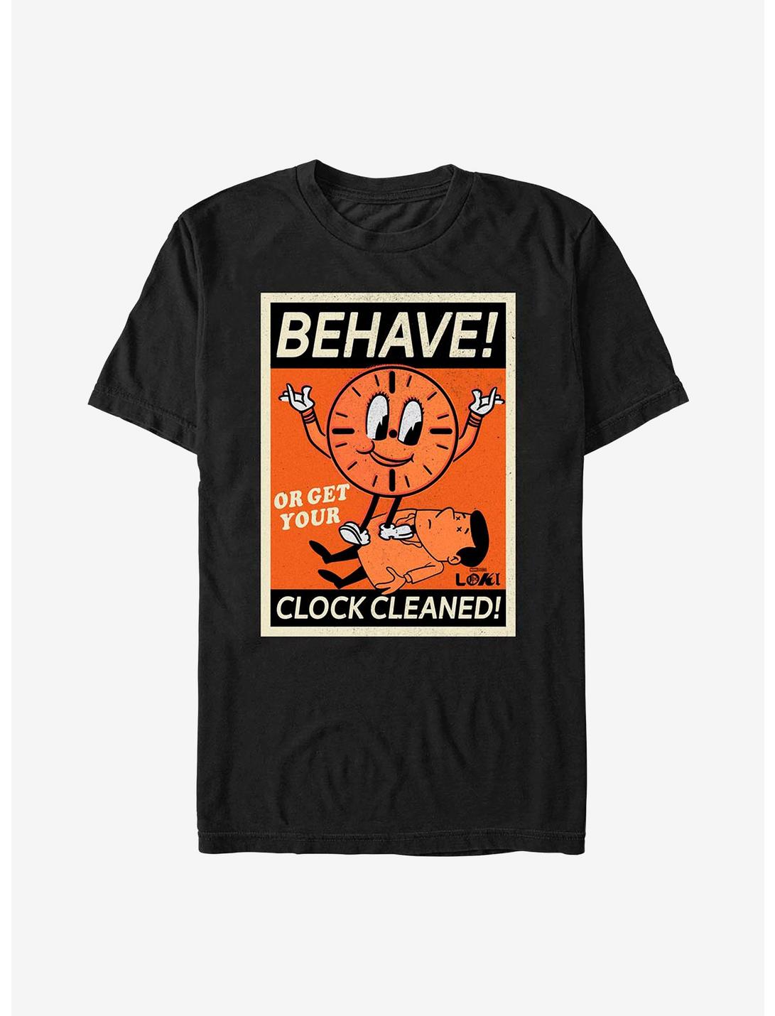 Marvel Loki Behave! Or Get Your Clock Cleaned! T-Shirt, BLACK, hi-res