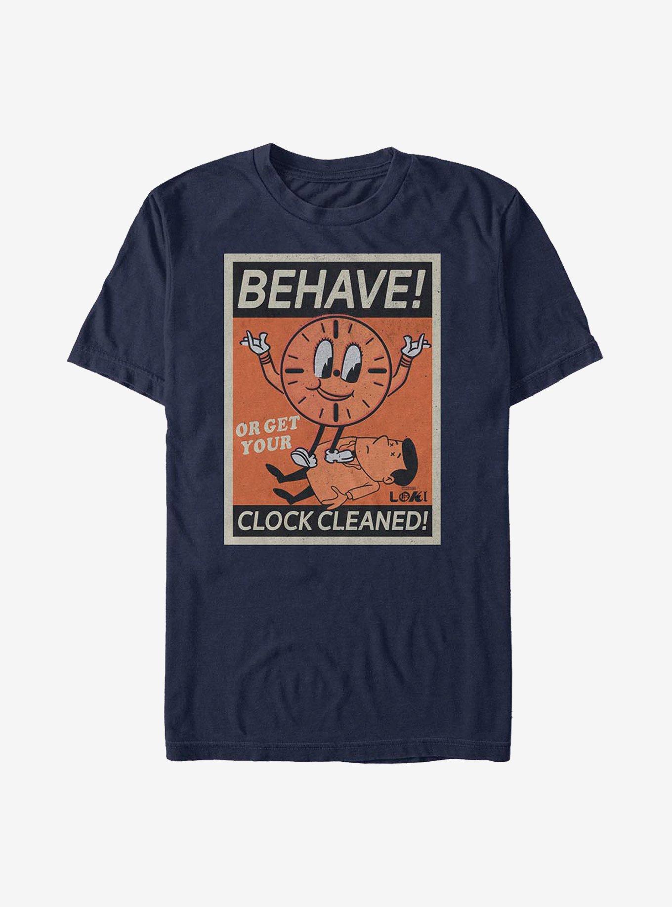 Marvel Loki Behave! Or Get Your Clock Cleaned! T-Shirt, NAVY, hi-res
