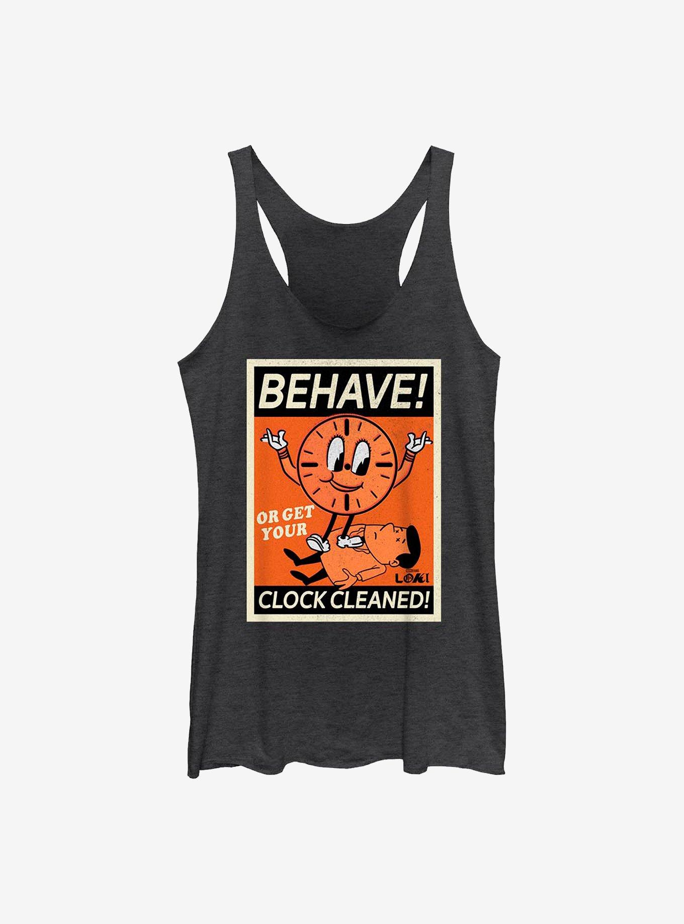 Marvel Loki Behave! Or Get Your Clock Cleaned! Girls Tank, BLK HTR, hi-res