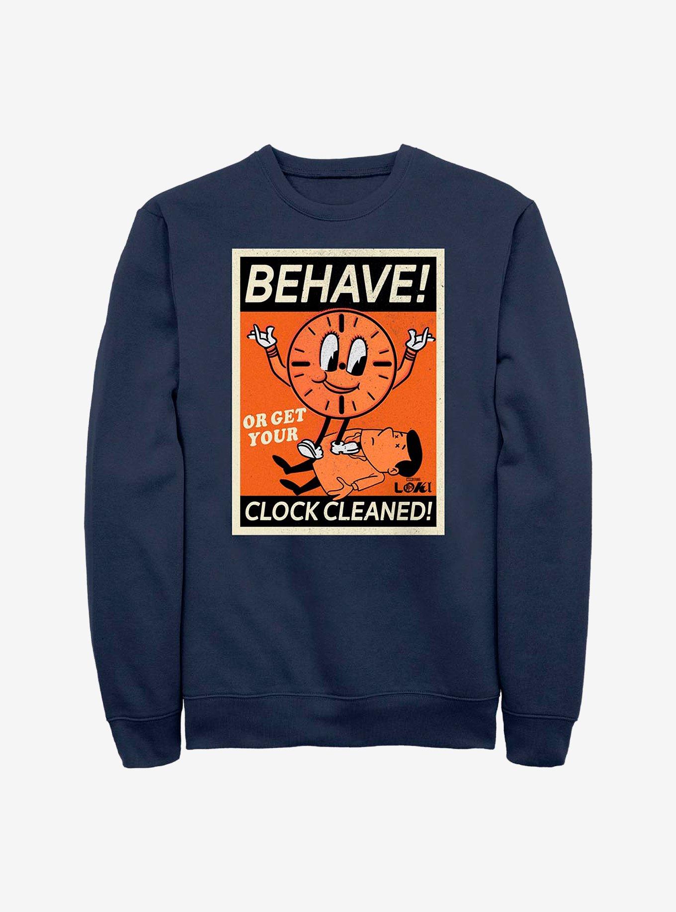 Marvel Loki Behave! Or Get Your Clock Cleaned! Crew Sweatshirt, NAVY, hi-res