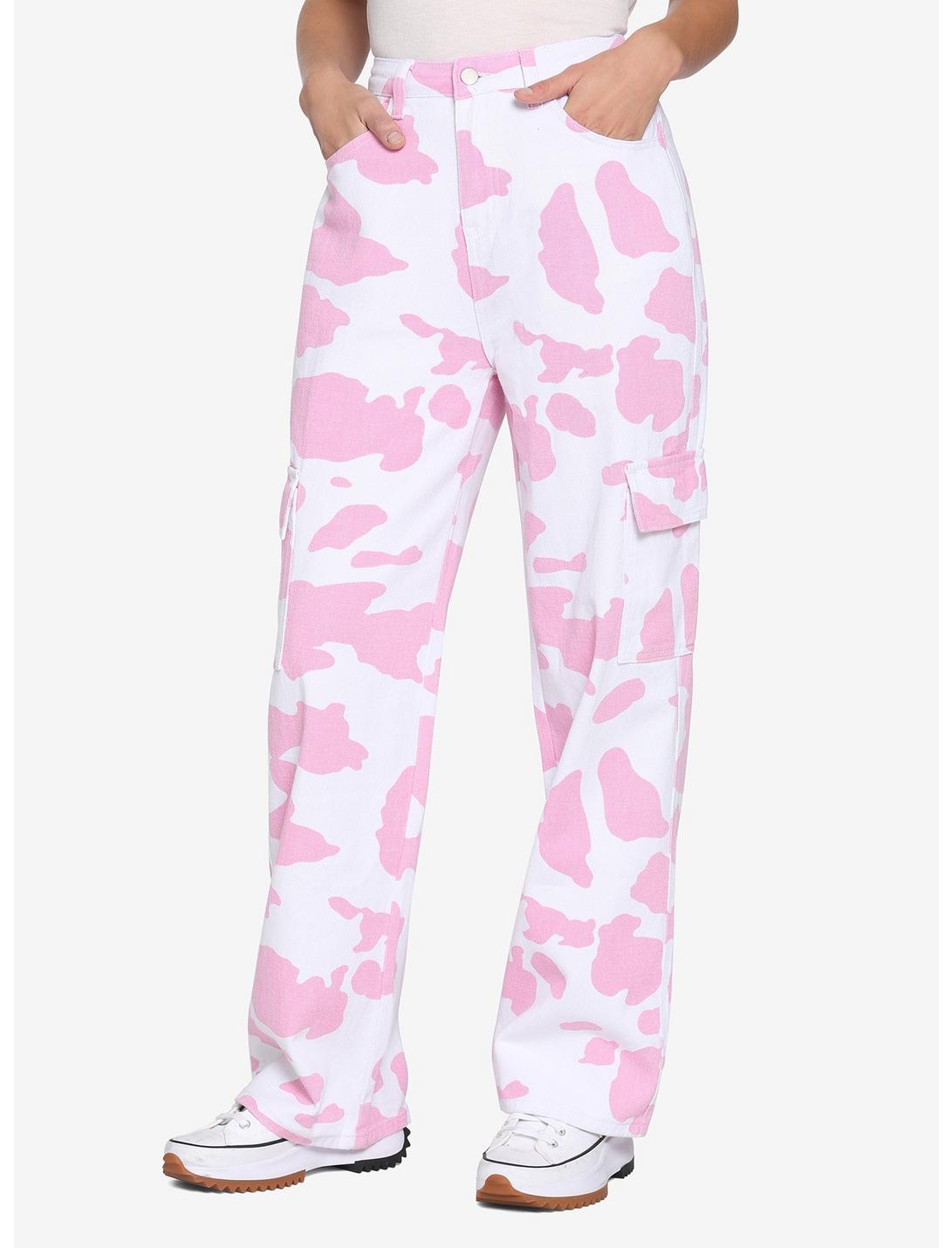 Pink Cow Print Girls High-Waisted Denim Pants, PINK  WHITE, hi-res