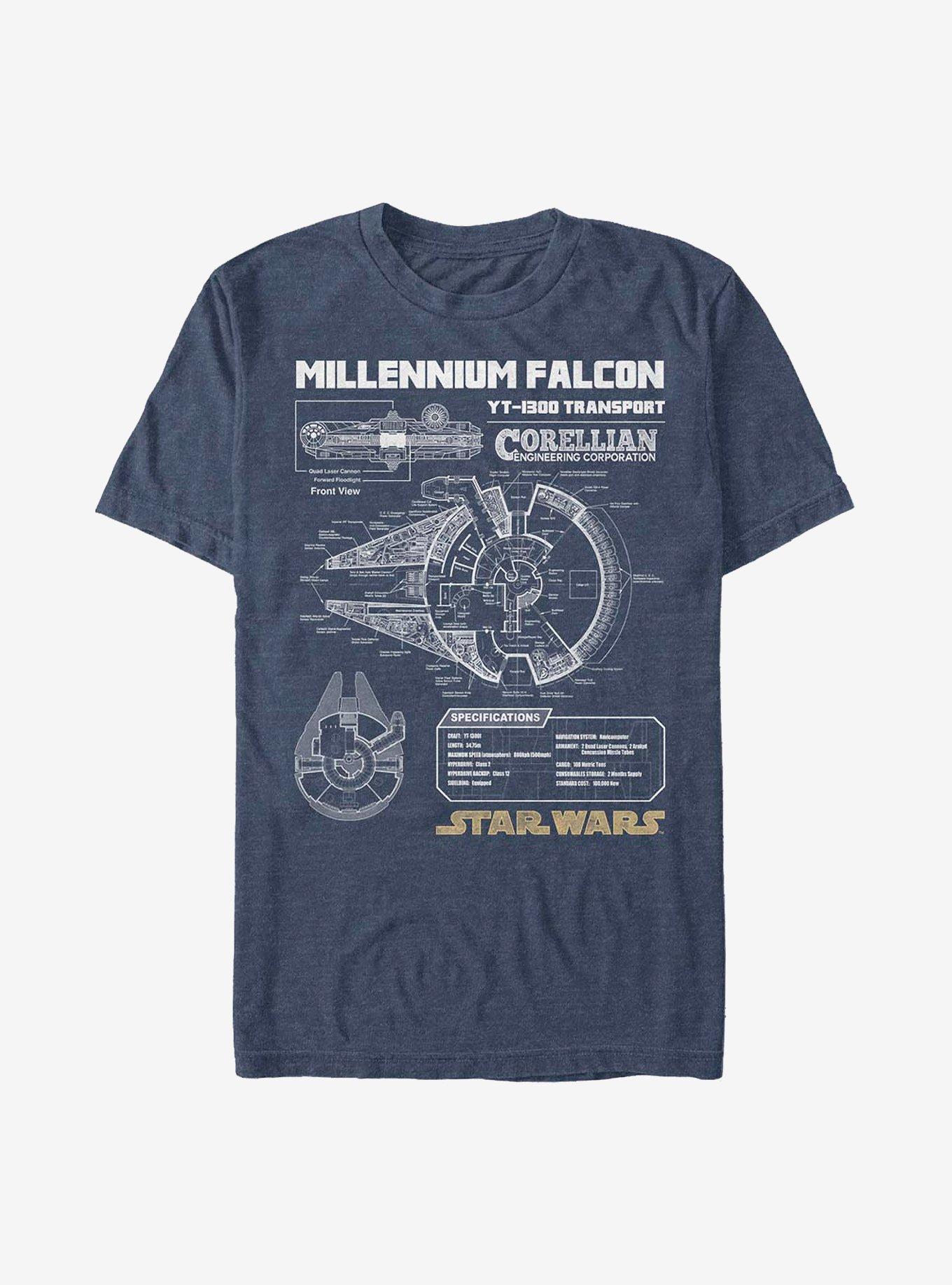 Star Wars Falcon Schematic T-Shirt, NAVY HTR, hi-res