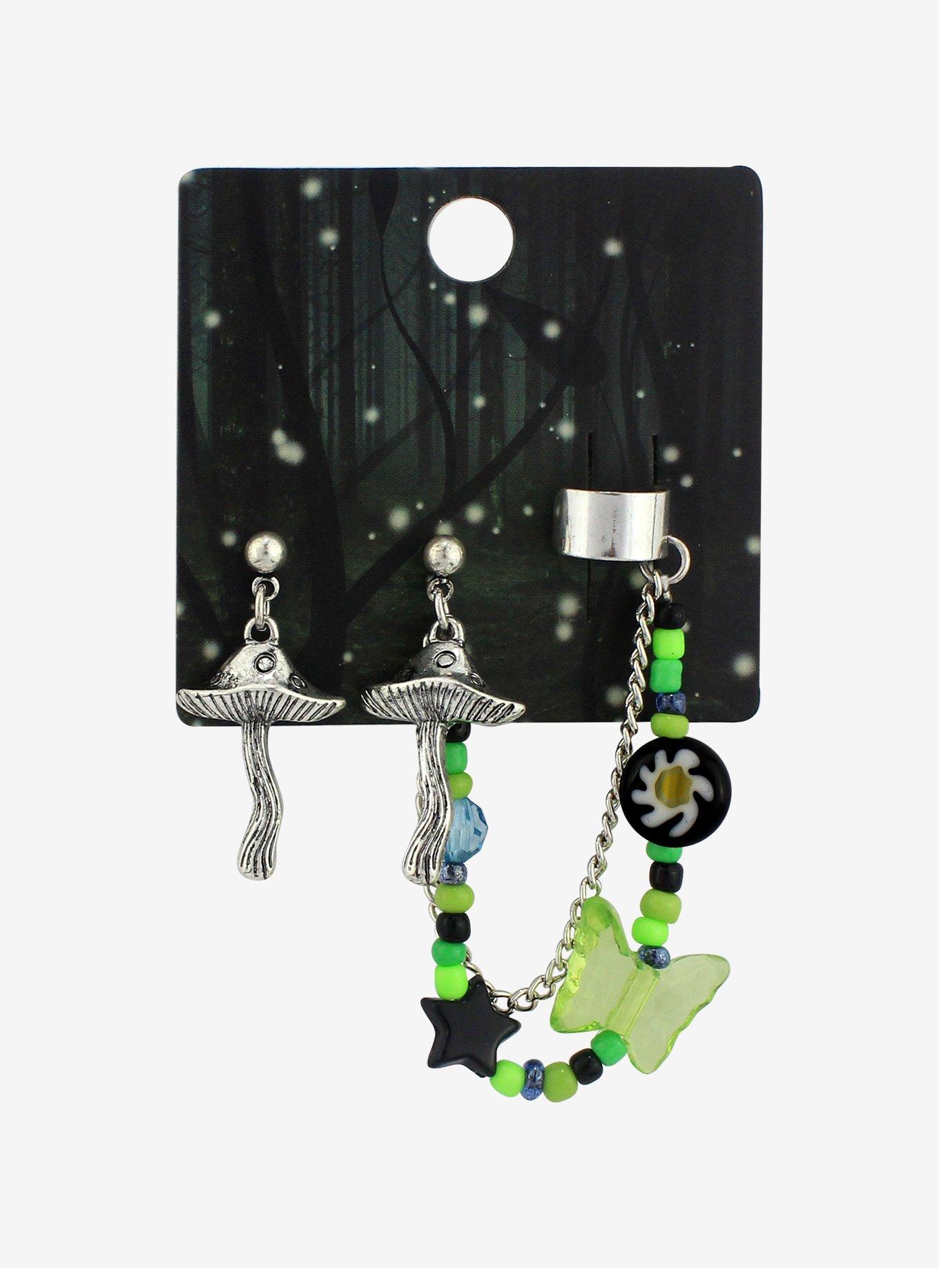 Green Beaded Mushroom Cuff Earrings Hot Topic