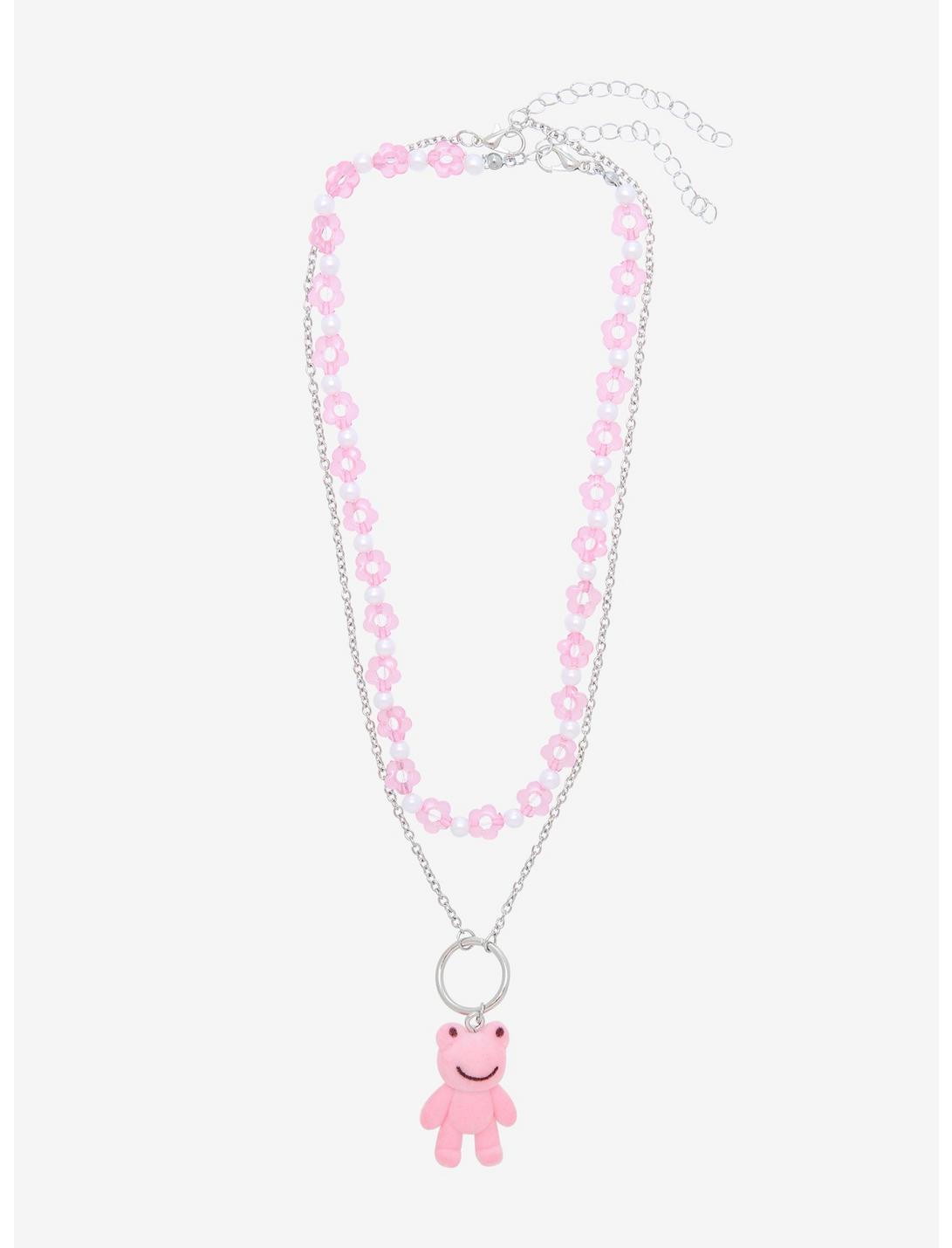 Pastel Pink Fuzzy Frog & Flowers Necklace Set, , hi-res