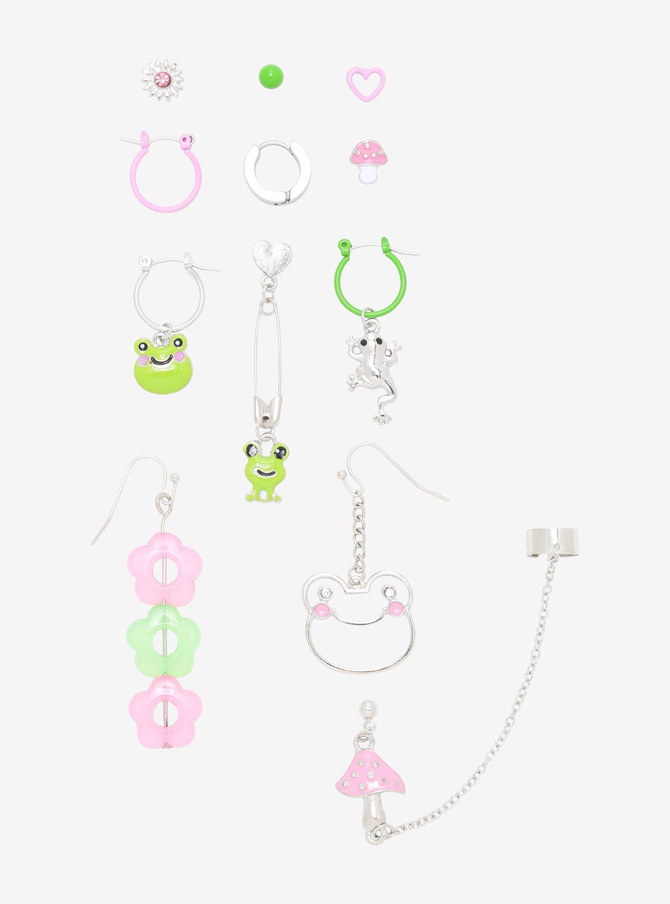 Pink & Green Frog Mushroom Mismatch Earring Set