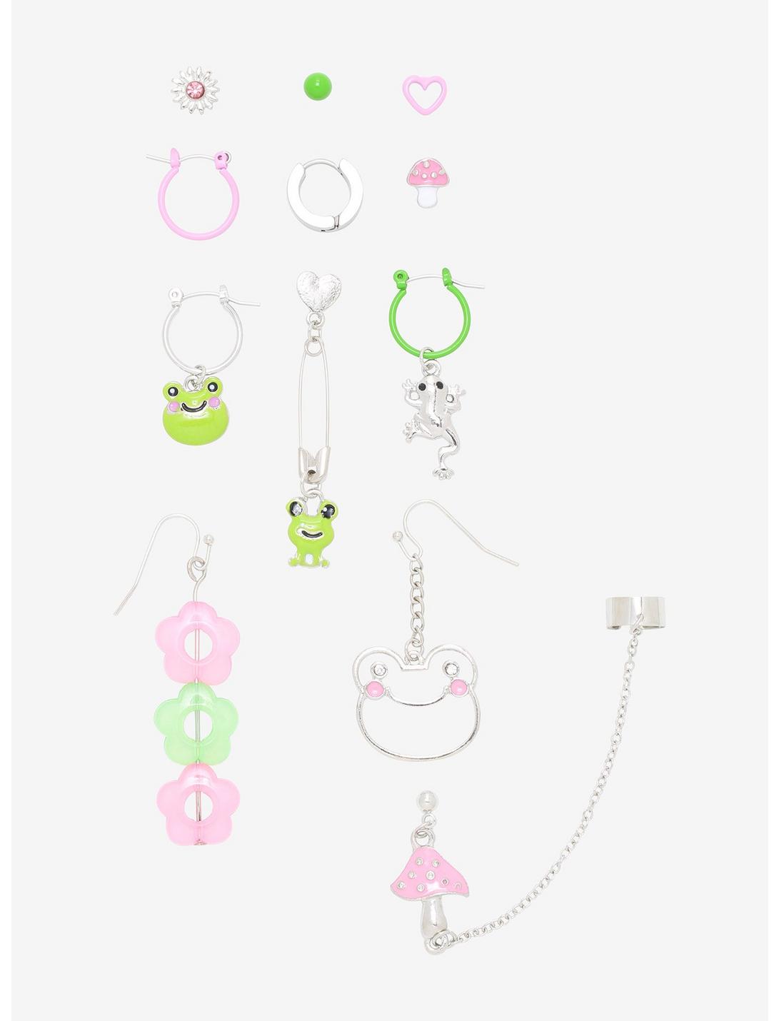 Pink & Green Frog Mushroom Mismatch Earring Set, , hi-res