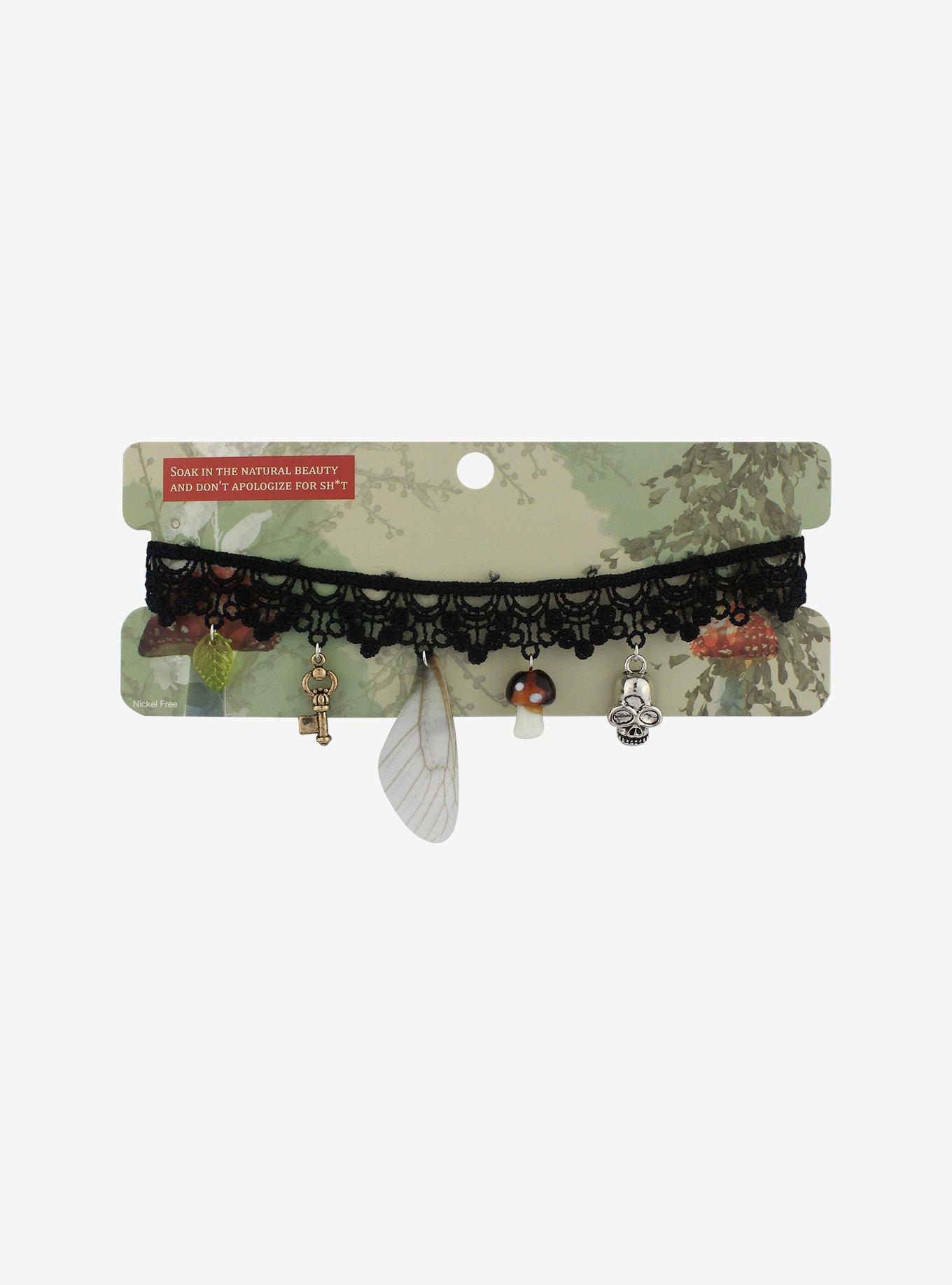 Black Embroidered Dragonfly Wing & Forest Charms Choker, , hi-res