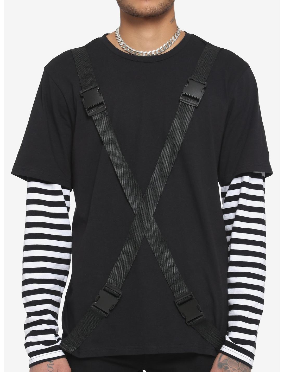 Black & White Stripe Sleeve With Straps Twofer Long-Sleeve T-Shirt, BLACK, hi-res