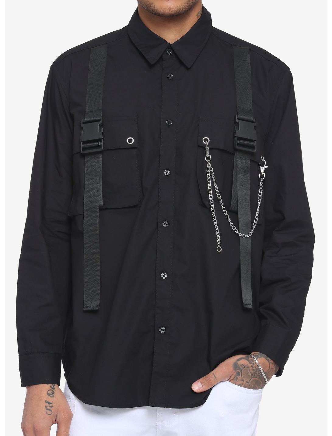 Black Strap & Chain Long-Sleeve Woven Button-Up, BLACK, hi-res