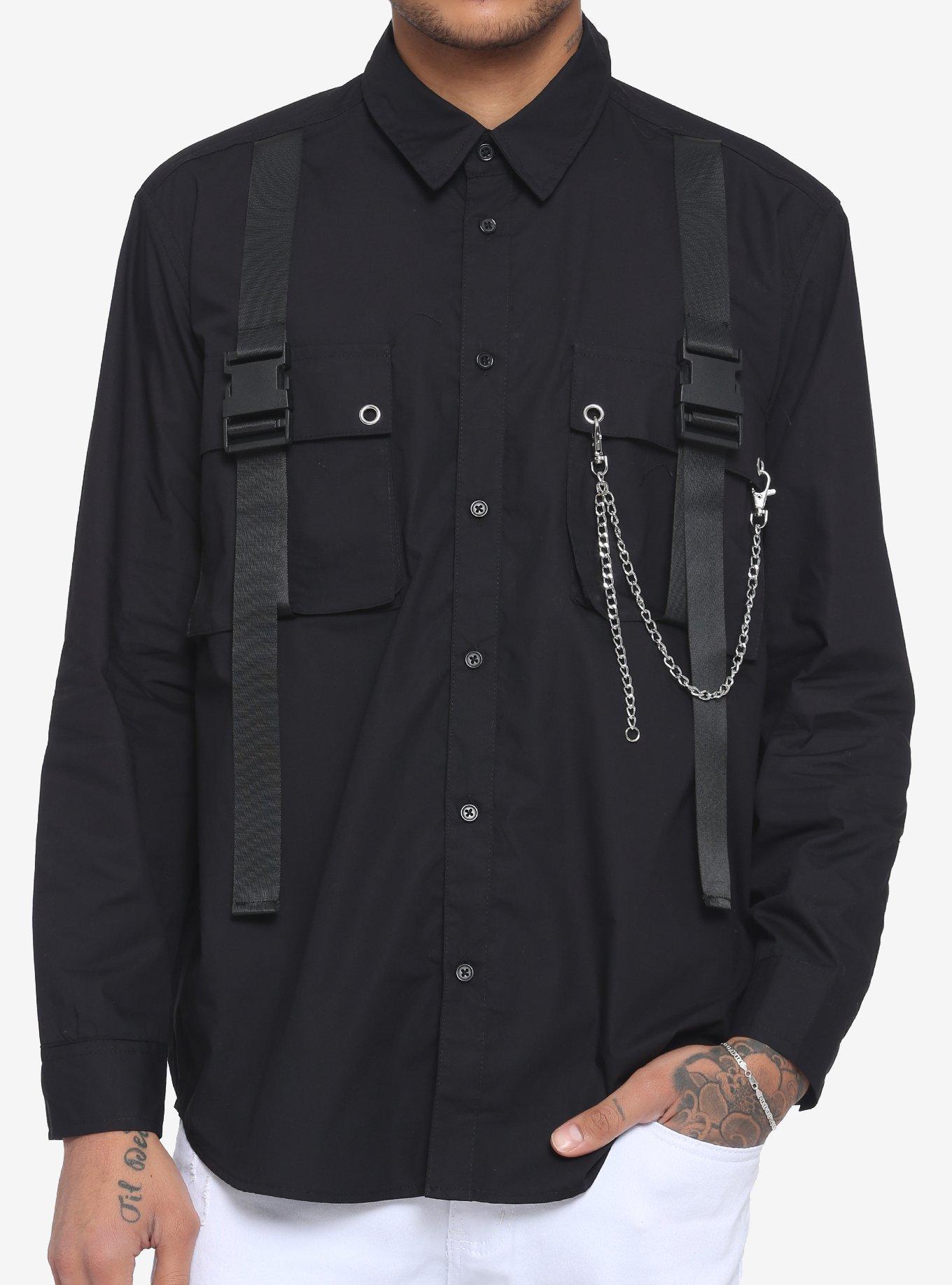 Black Strap & Chain Long-Sleeve Woven Button-Up, BLACK, hi-res