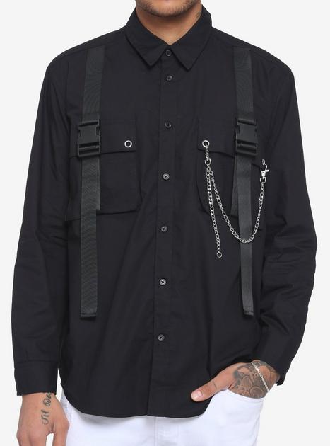 Black Strap & Chain Long-Sleeve Woven Button-Up | Hot Topic