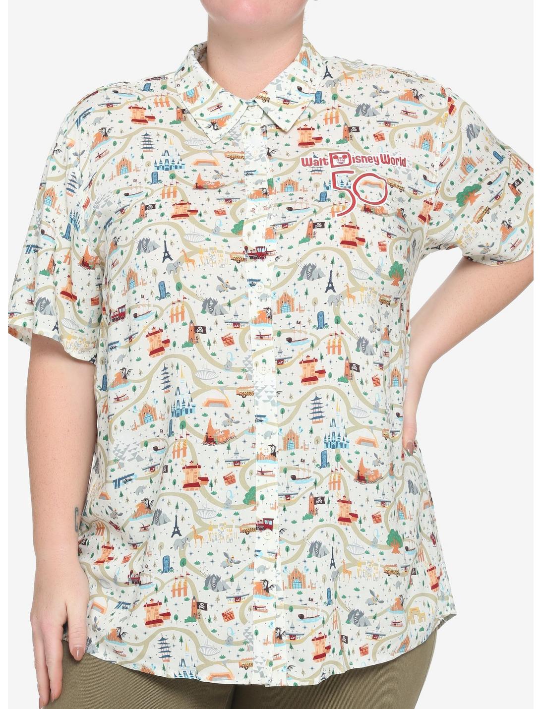 Her Universe Walt Disney World 50th Anniversary Attractions Map Woven Button-Up Plus Size, MULTI, hi-res