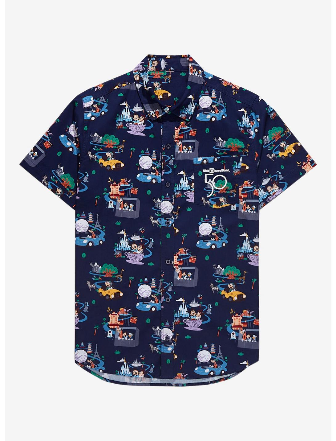 Disney Walt Disney World 50th Anniversary Rides & Attractions Woven Button-Up - BoxLunch Exclusive, NAVY, hi-res