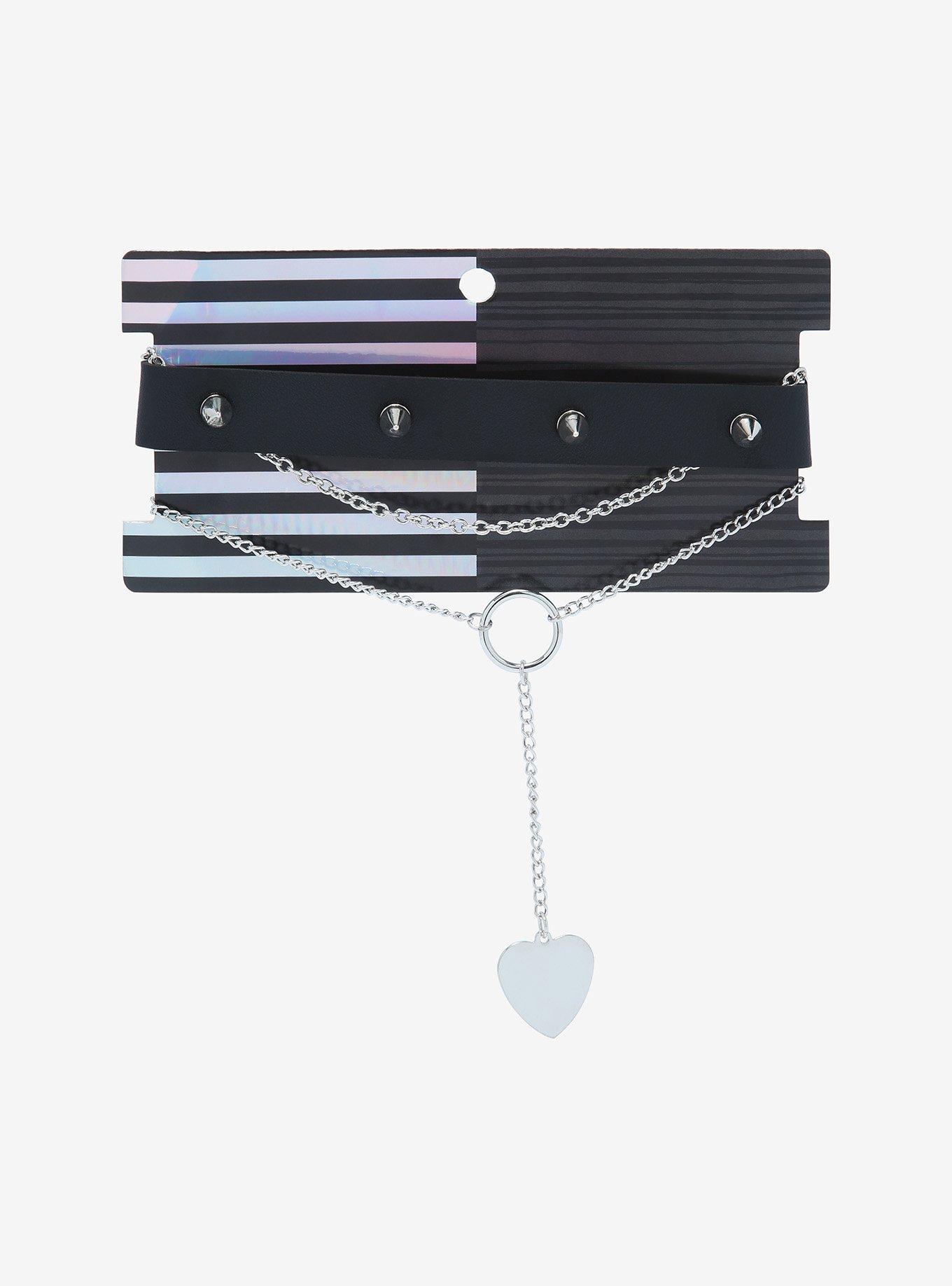 Spiked Choker Heart Chain Necklace Set, , hi-res