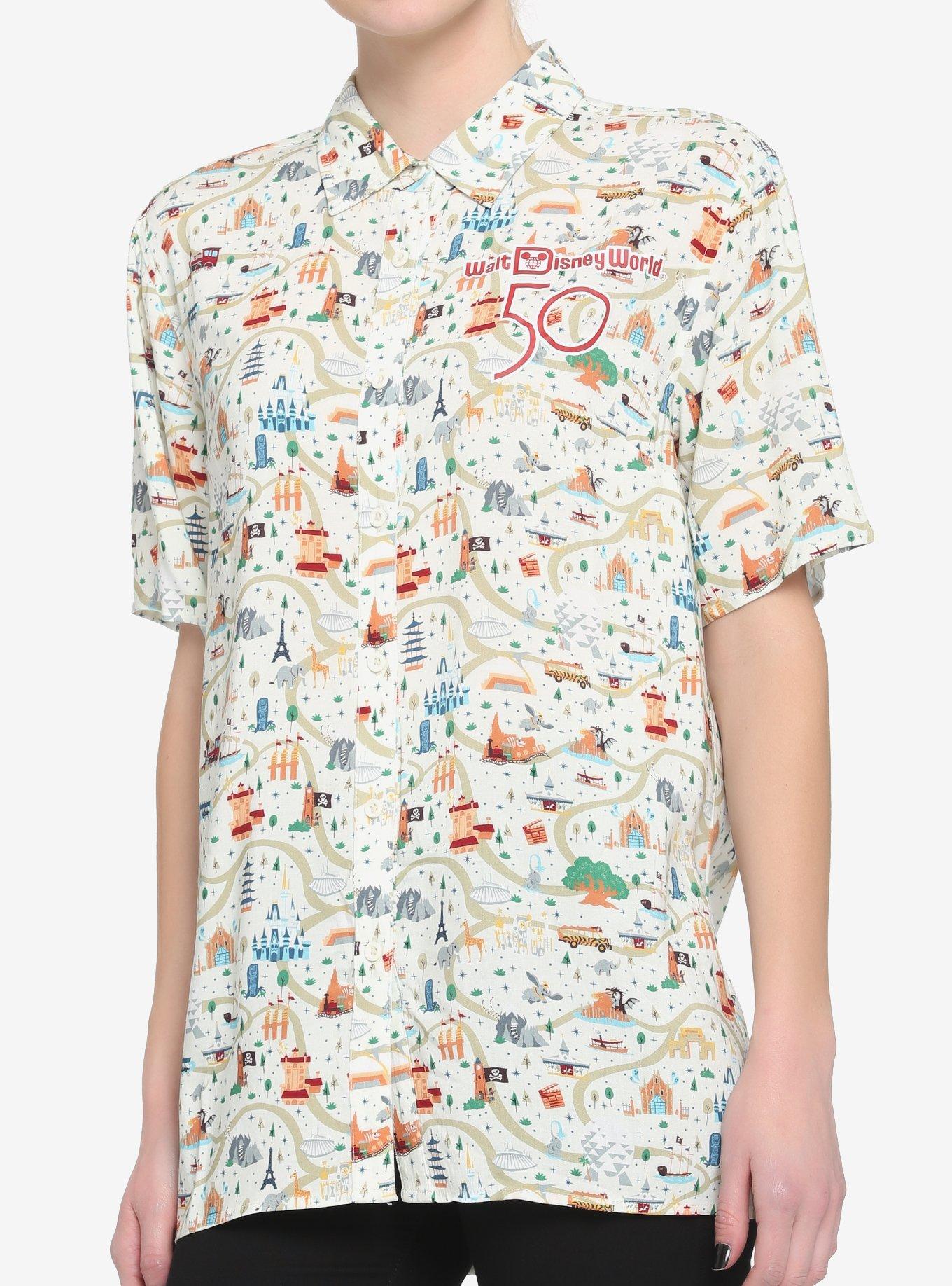 Her Universe Walt Disney World 50th Anniversary Attractions Map Girls Woven Button-Up, MULTI, hi-res