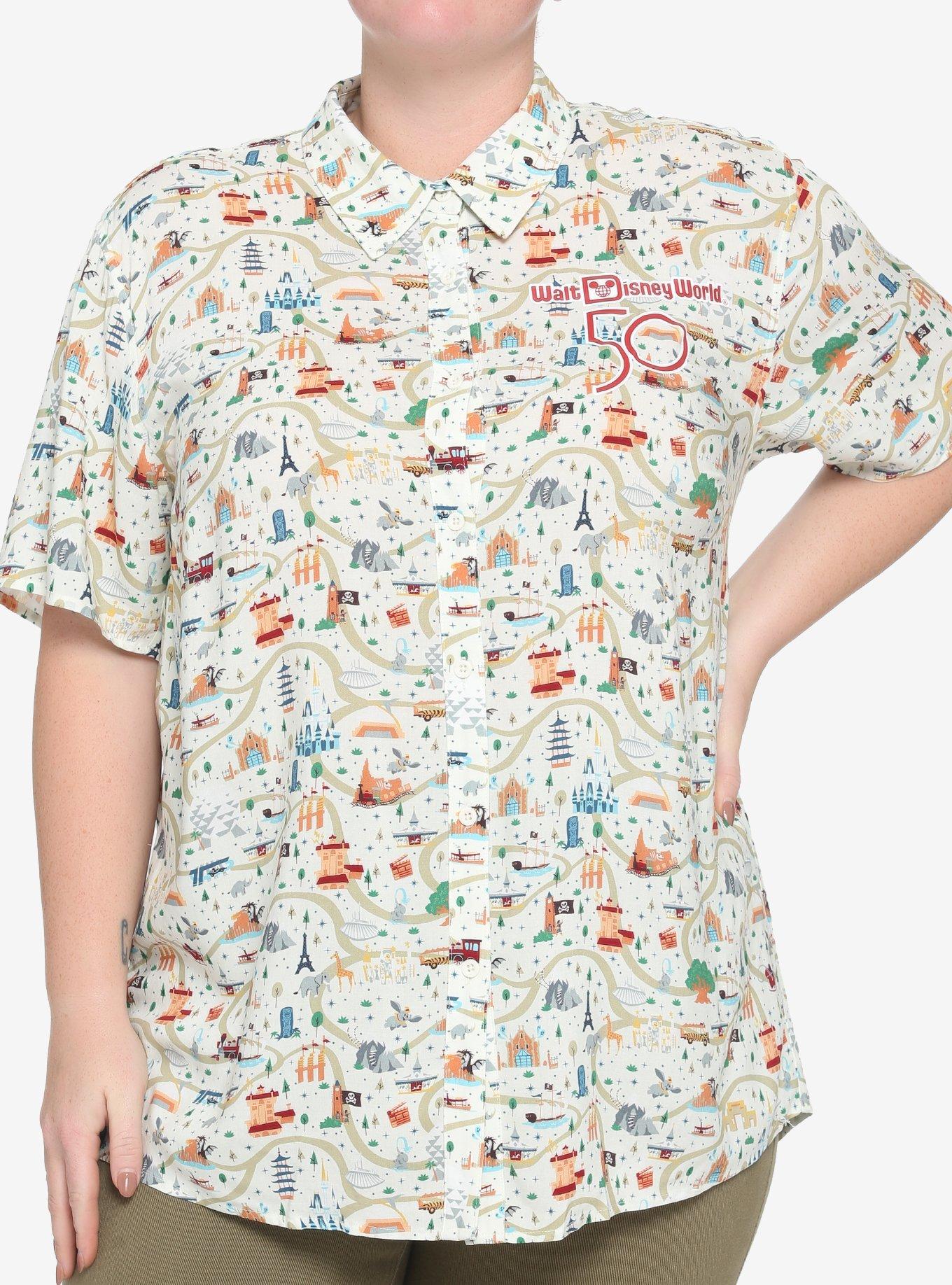 Her Universe Walt Disney World 50th Anniversary Attractions Map Girls Woven Button-Up Plus Size, MULTI, hi-res