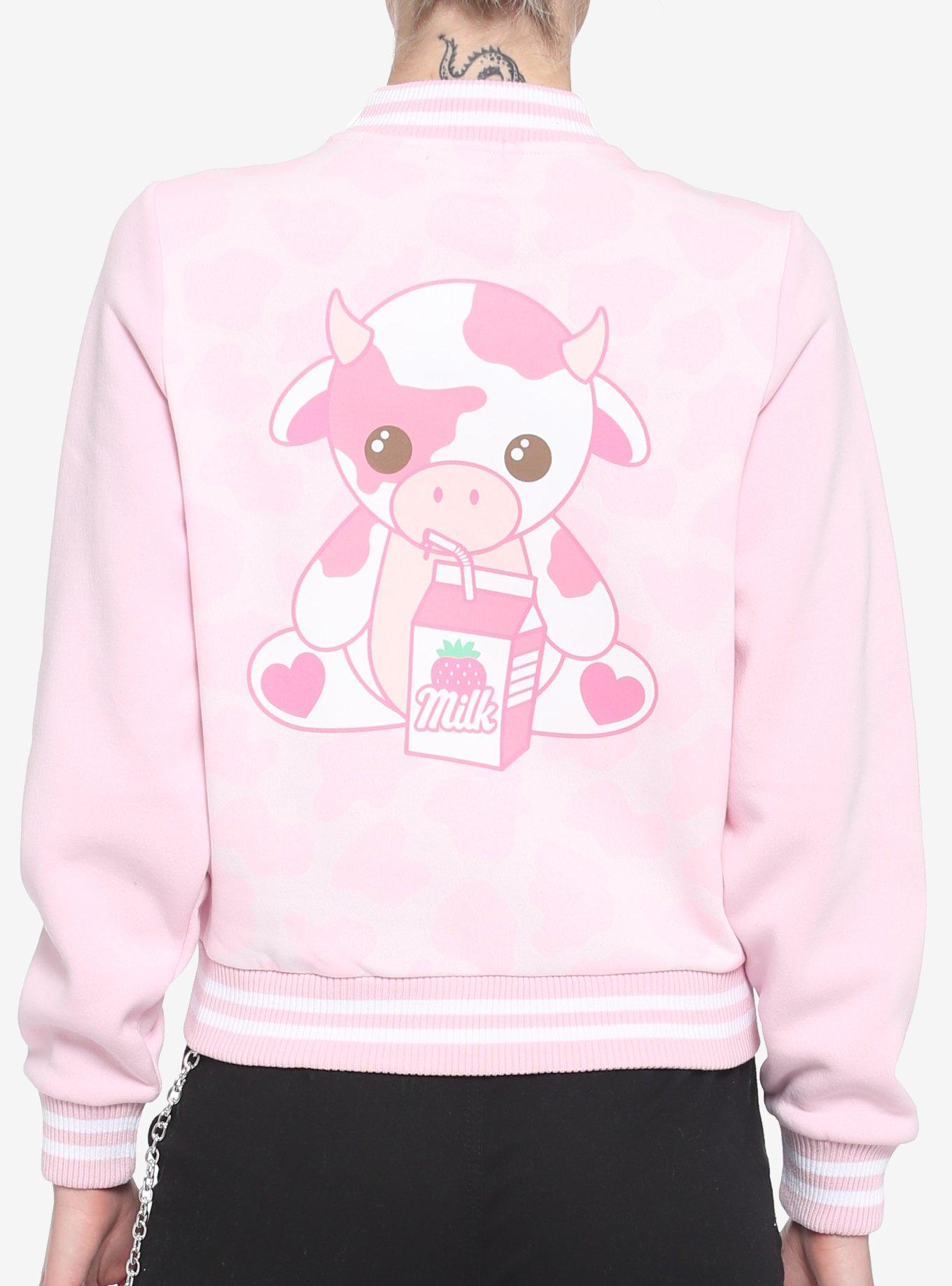 Strawberry Milk Cow Girls Bomber Jacket, PINK, hi-res
