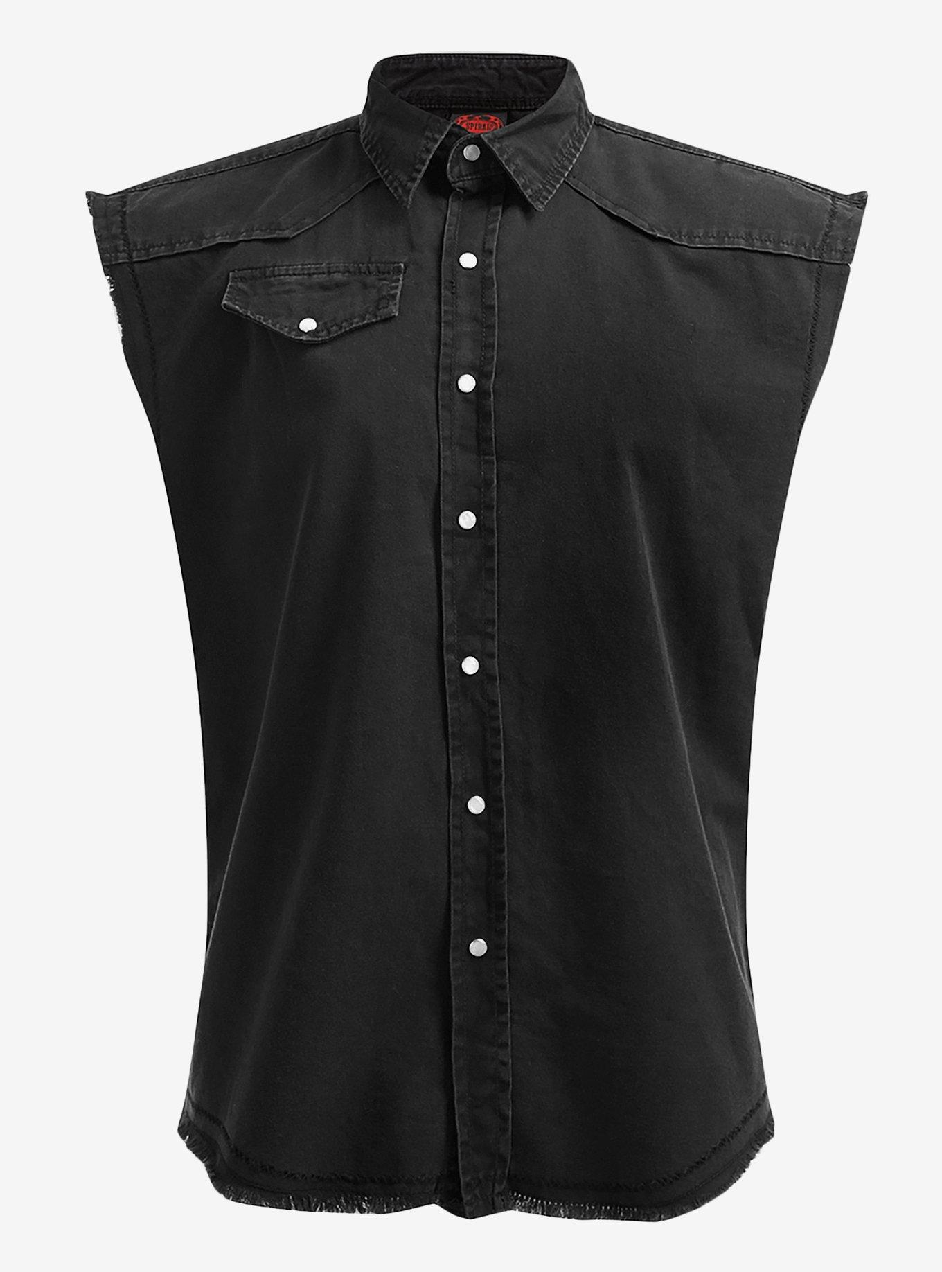 Black Sleeveless Woven Button-Up, BLACK, hi-res