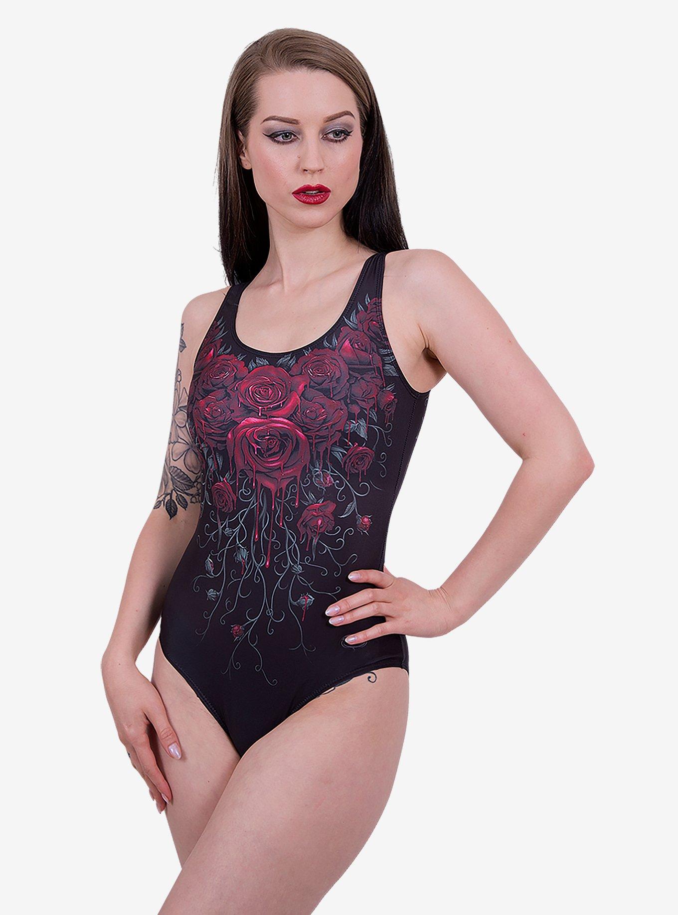 Dark Roses Scoop Back Swimsuit, BLACK, hi-res