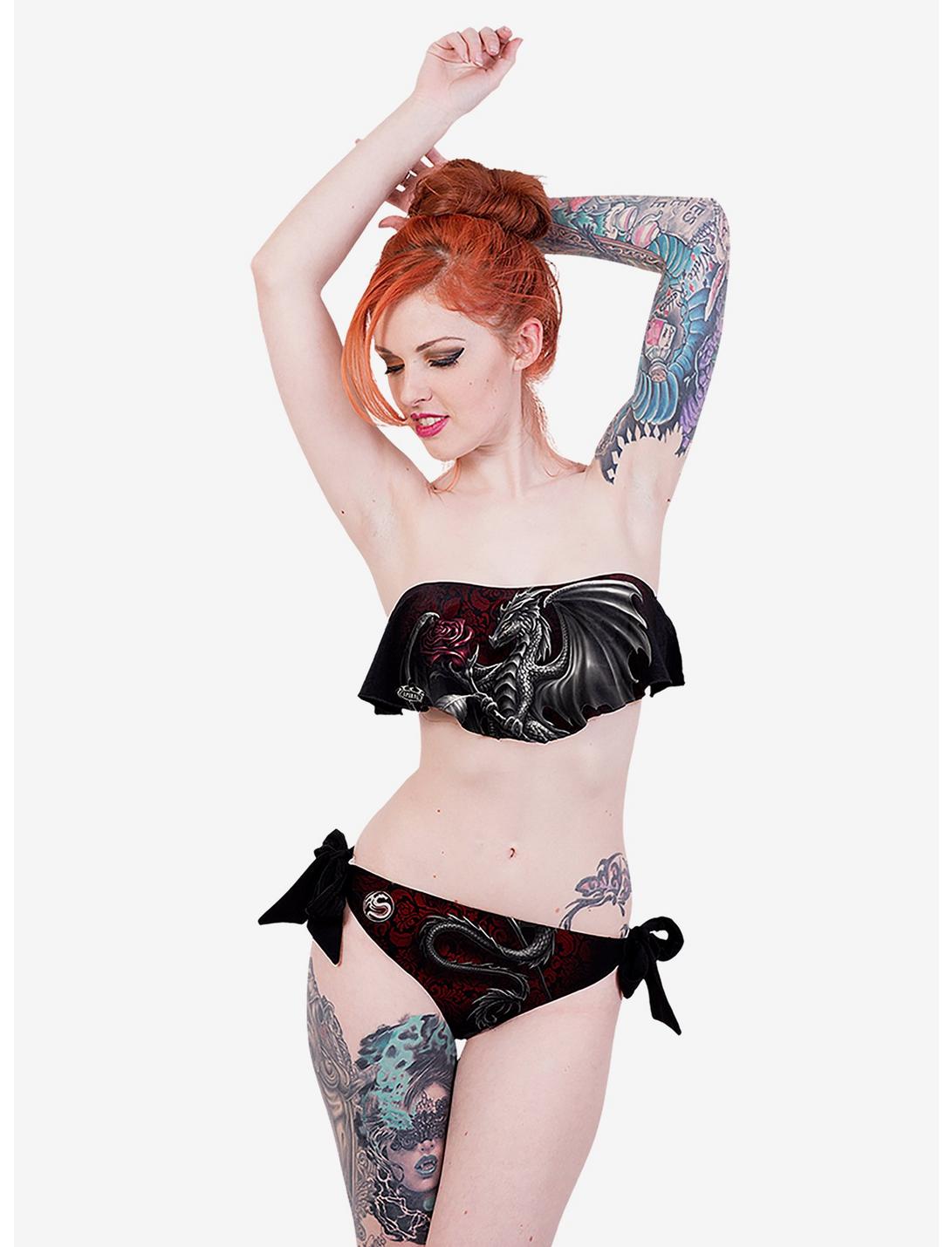 Dragon Rose Flounce Bandeau Bikini Set, BLACK, hi-res