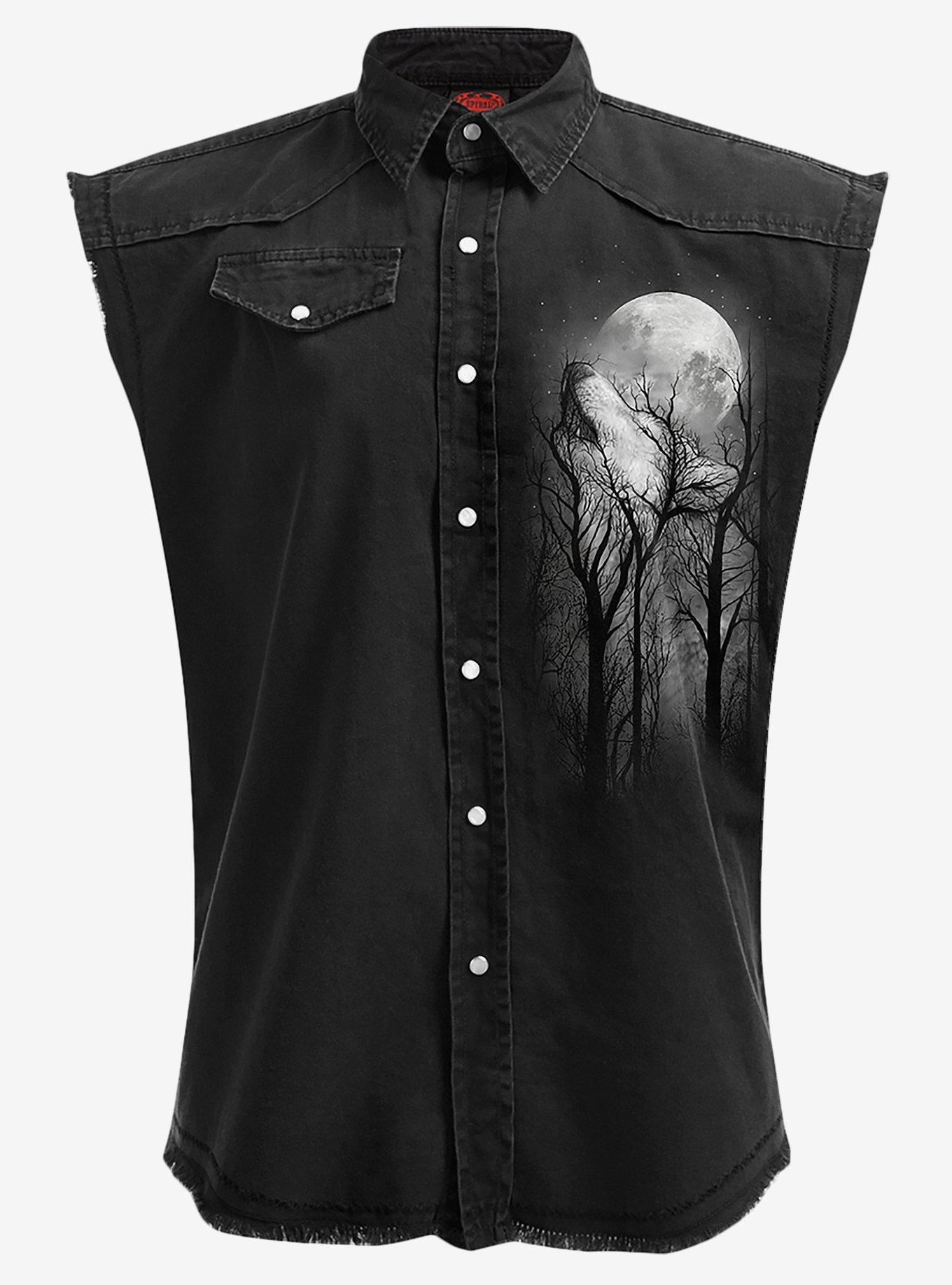 Forest Wolf Sleeveless Woven Button-Up, BLACK, hi-res