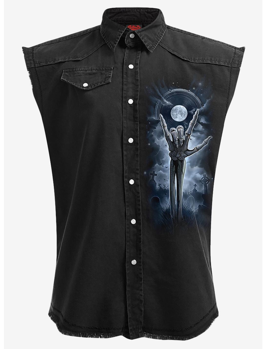 Grim Rocker Sleeveless Woven Button-Up, BLACK, hi-res