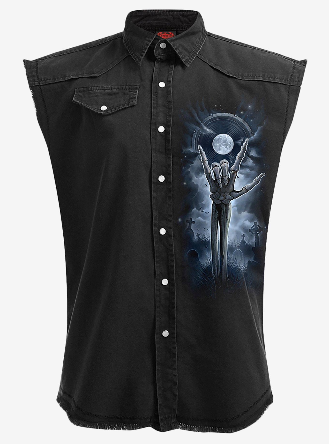 Grim Rocker Sleeveless Woven Button-Up, , hi-res