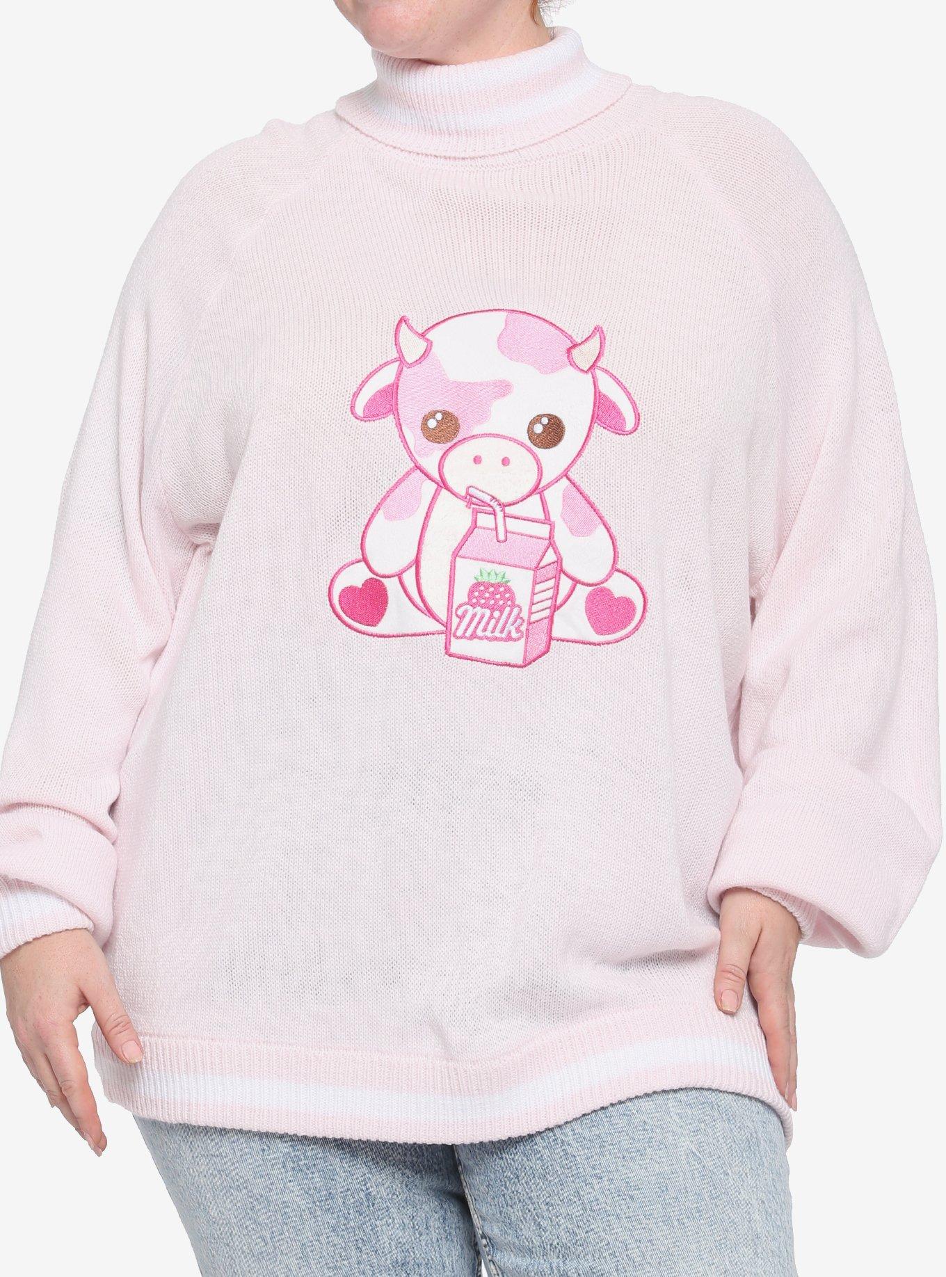 Strawberry Milk Cow Turtleneck Girls Sweater Plus Size, MULTI, hi-res
