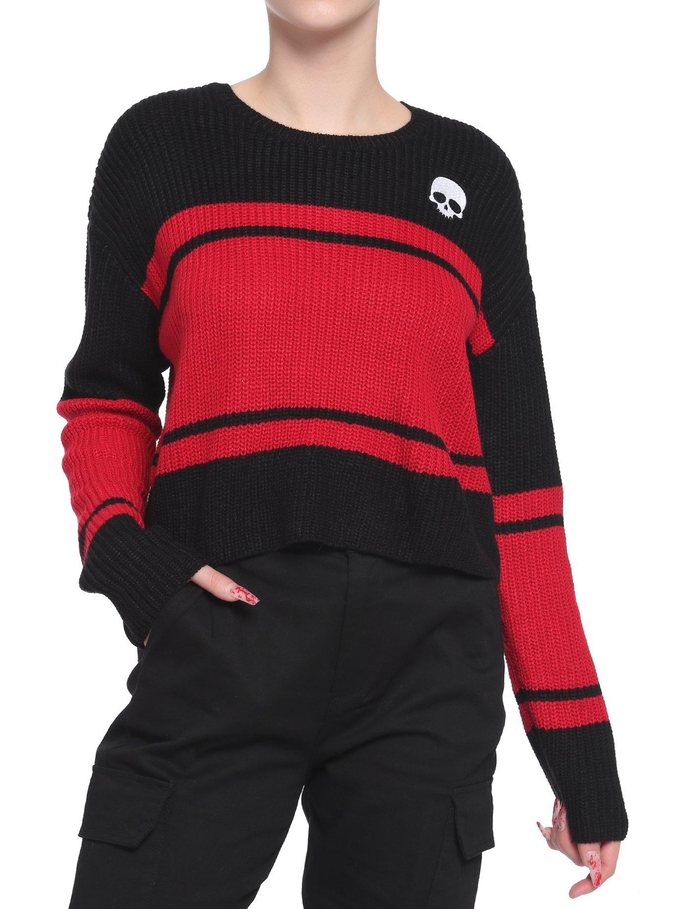 Black & Red Stripe Skull Girls Crop Sweater, STRIPE - RED, hi-res