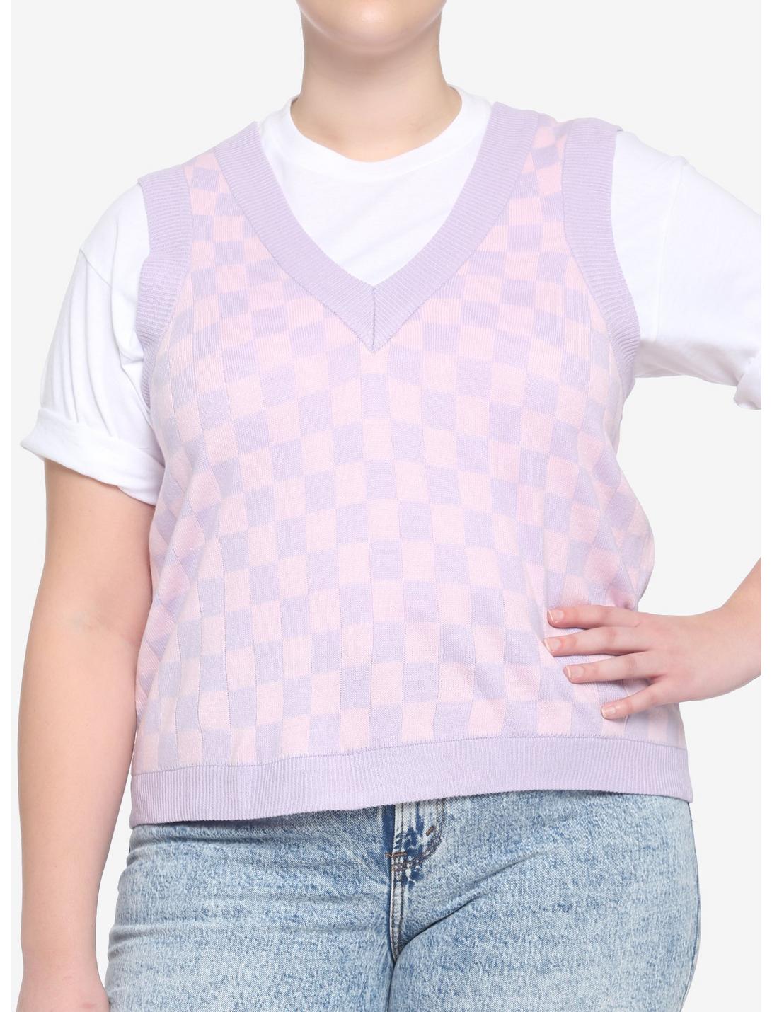 Pink & Lavender Checkered Girls Crop Sweater Vest Plus Size, MULTI, hi-res