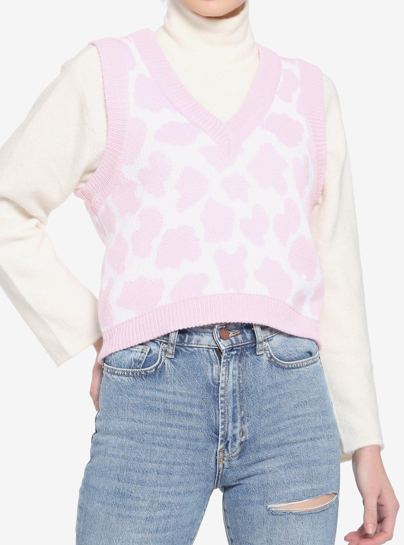Pink Cow Pattern Girls Crop Sweater Vest, MULTI, hi-res