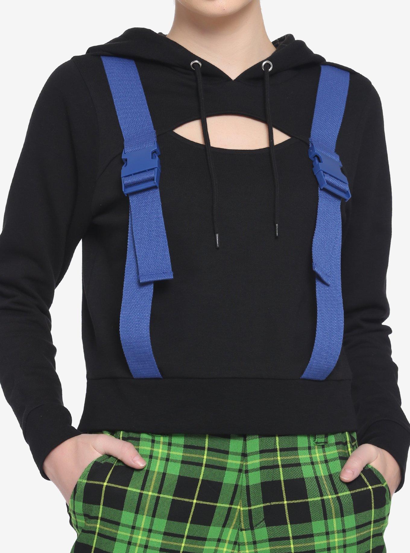 Buckle Strap Cutout Girls Crop Hoodie, BLACK, hi-res