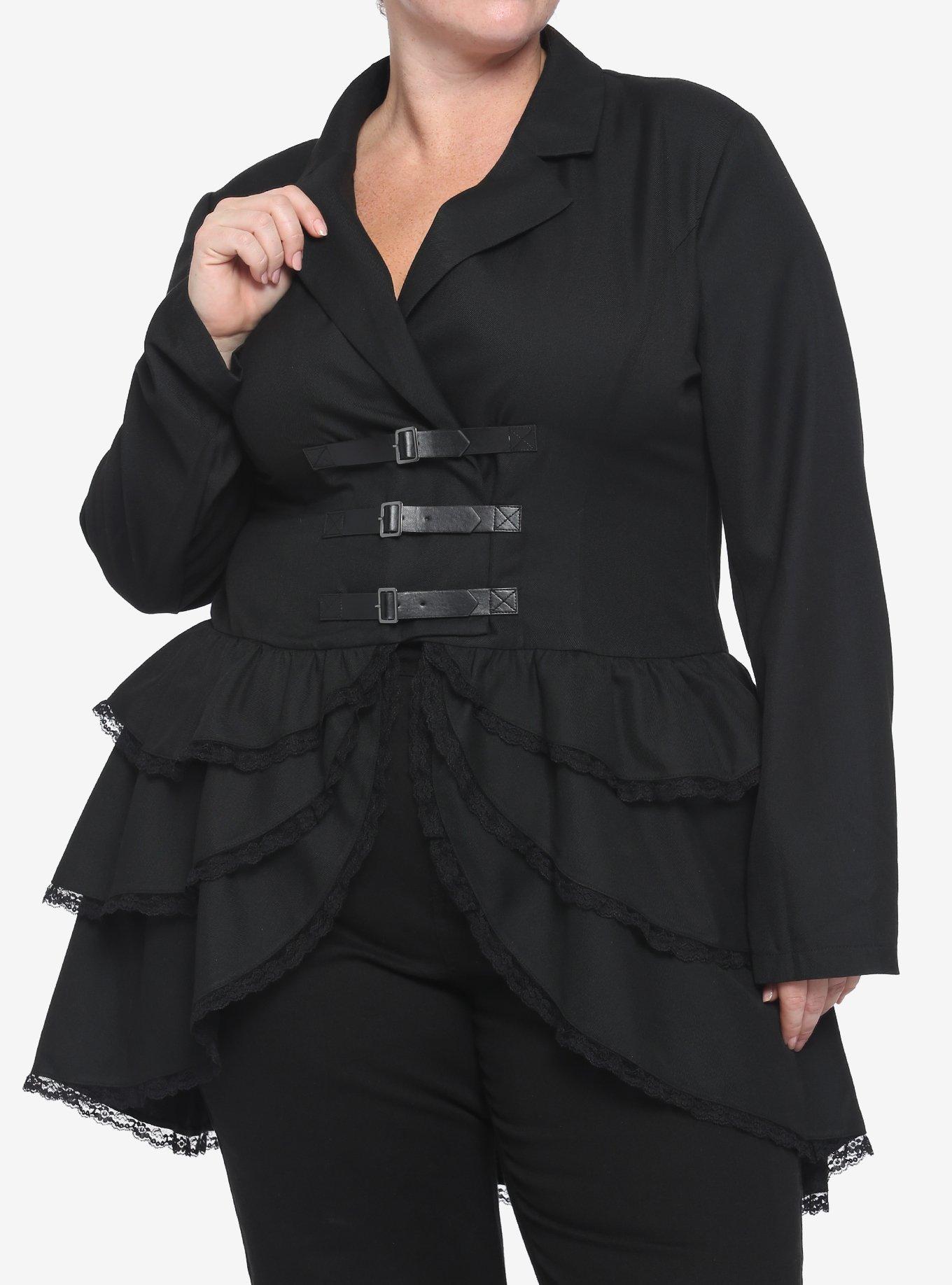 Black Steampunk Ruffle Girls Jacket Plus Size, BLACK, hi-res