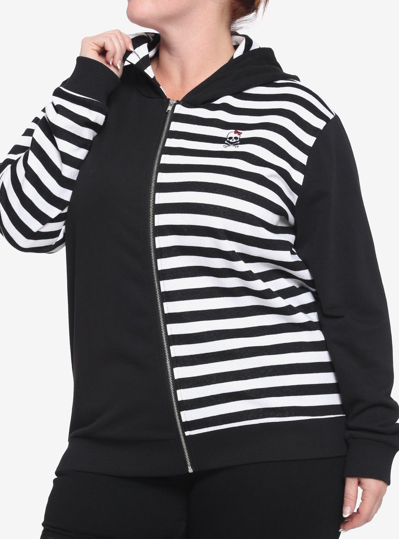Black & White Stripe Split Girls Hoodie Plus Size, STRIPE - WHITE, hi-res