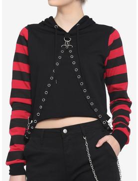 Red & Black Stripe Harness Girls Crop Hoodie, , hi-res