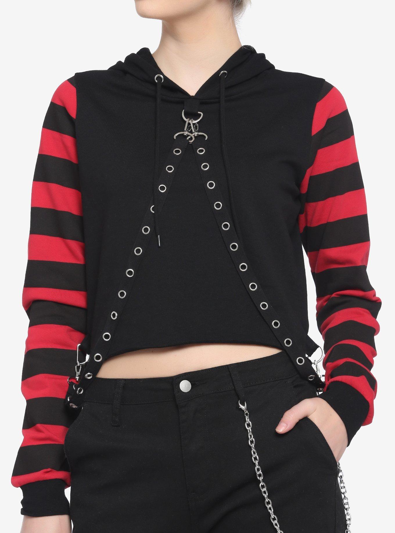 Red & Black Stripe Harness Girls Crop Hoodie, STRIPE - RED, hi-res