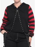 Red & Black Stripe Harness Girls Crop Hoodie Plus Size, STRIPE - RED, hi-res