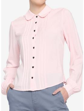 Pink Pleated Heart Buttons Girls Woven Long-Sleeve Top, , hi-res