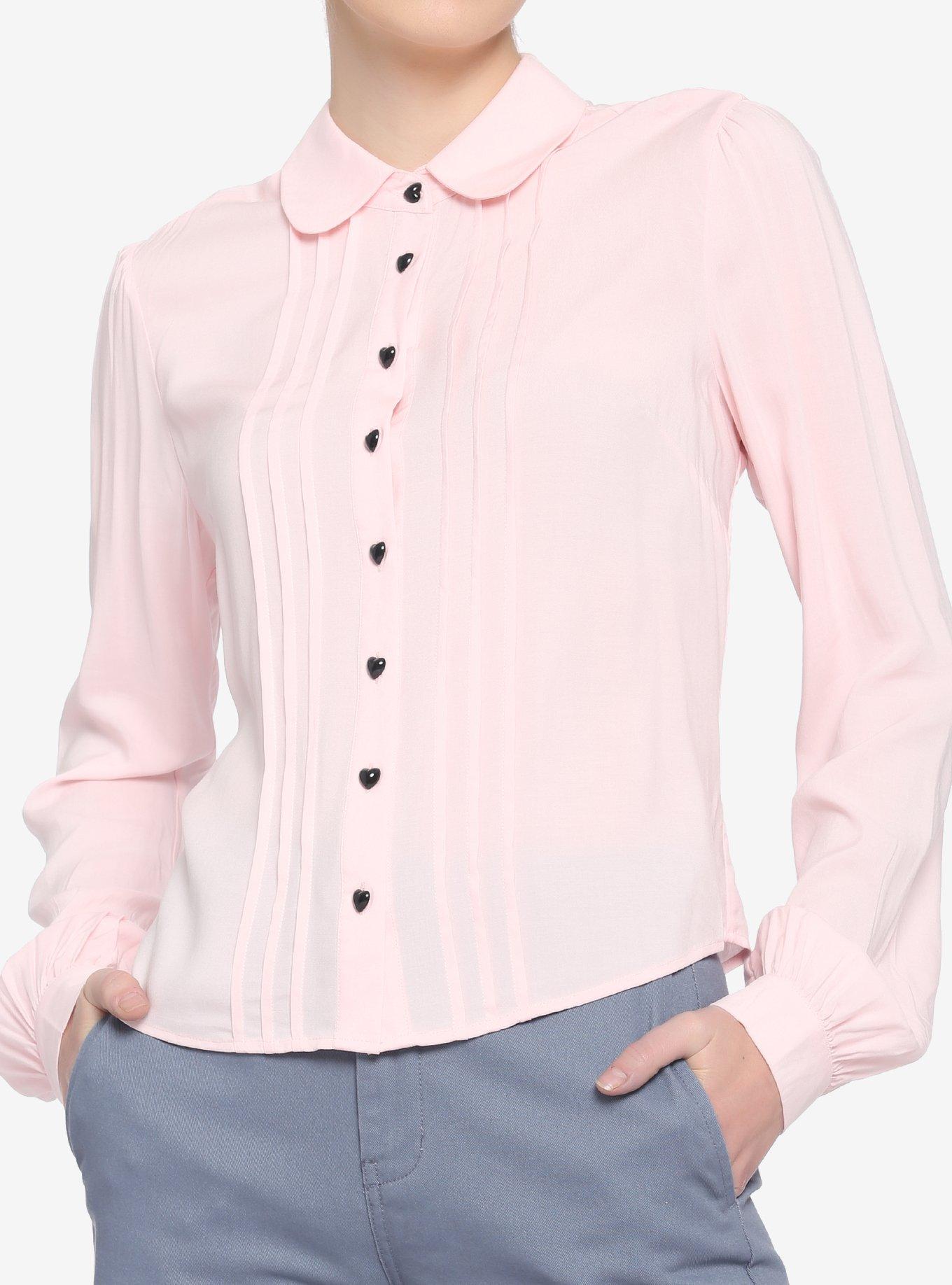 Pink Pleated Heart Buttons Girls Woven Long-Sleeve Top, PINK, hi-res