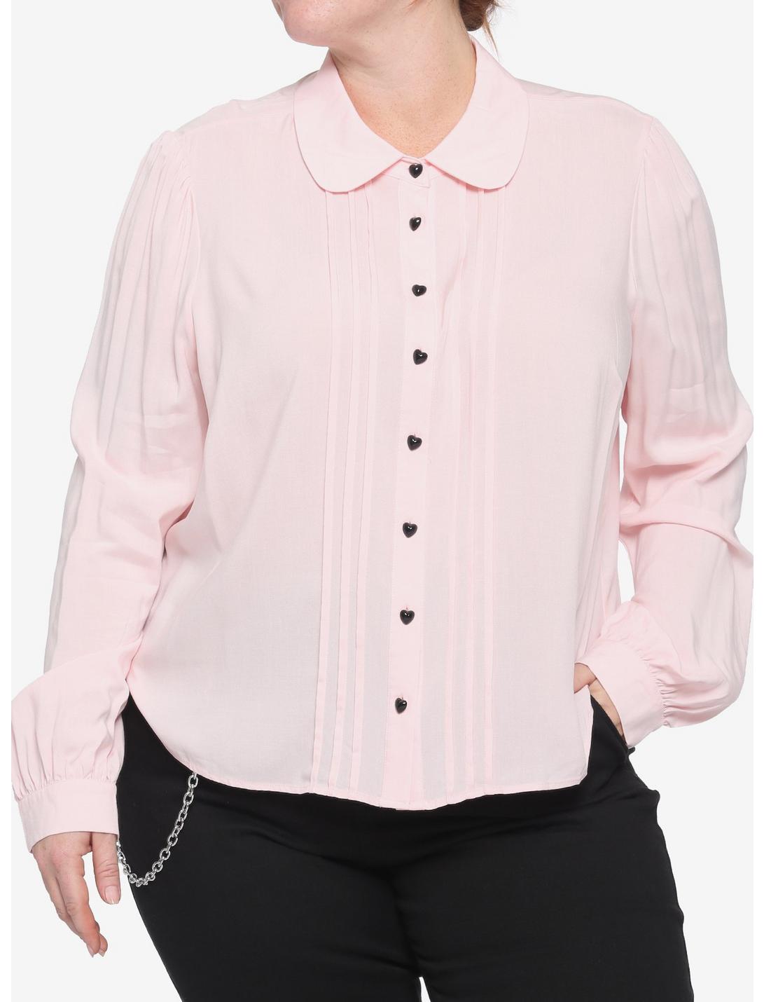 Pink Pleated Heart Button Girls Woven Long-Sleeve Top Plus Size, PINK, hi-res