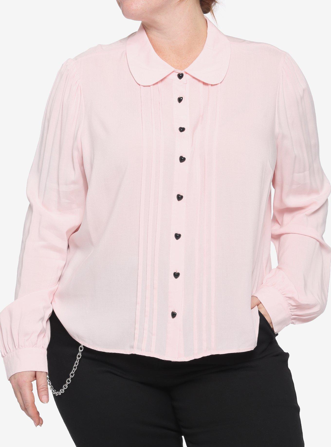 Pink Pleated Heart Button Girls Woven Long-Sleeve Top Plus Size, PINK, hi-res