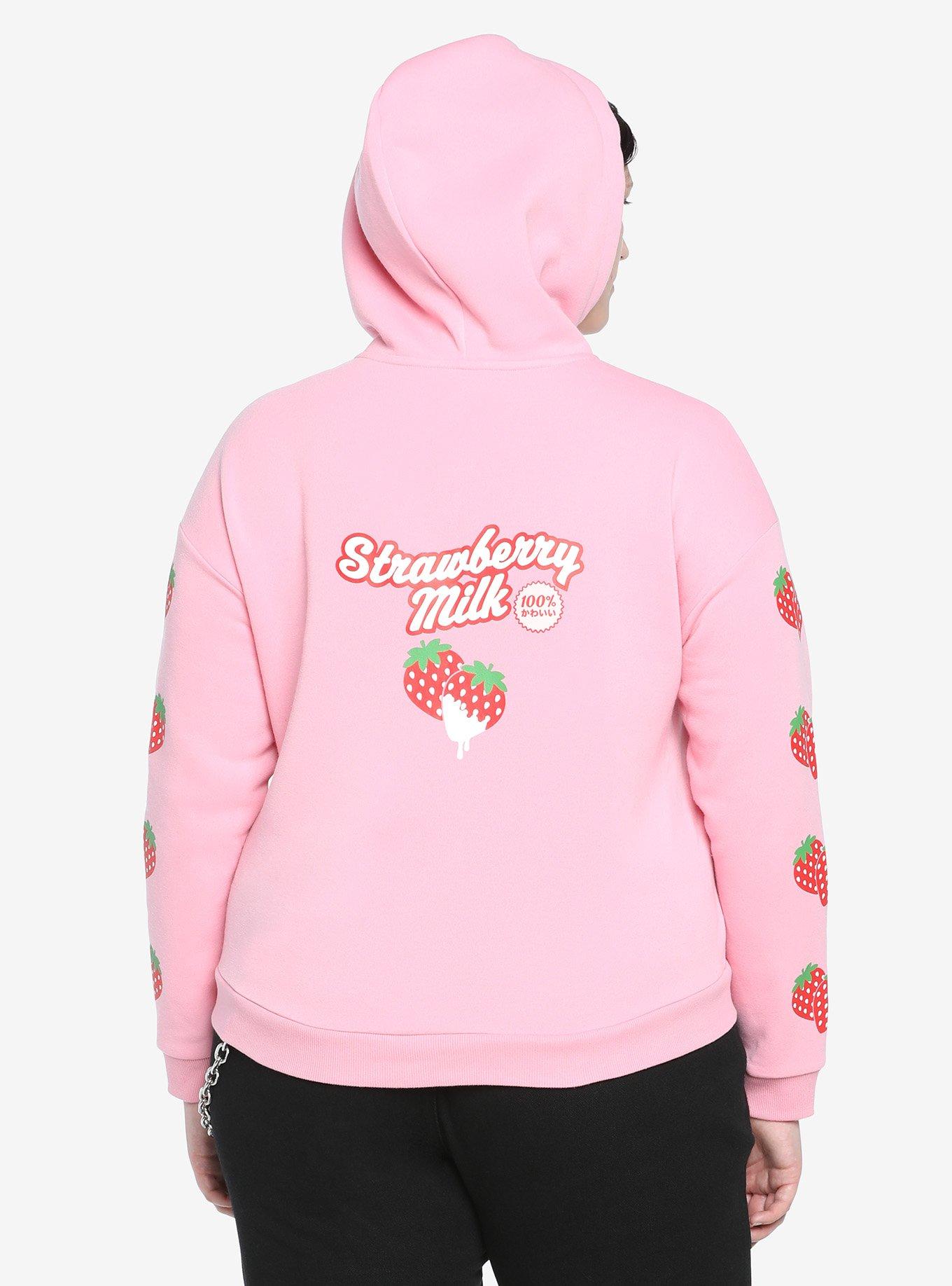 Strawberry Milk Girls Crop Hoodie Plus Size, PINK, hi-res