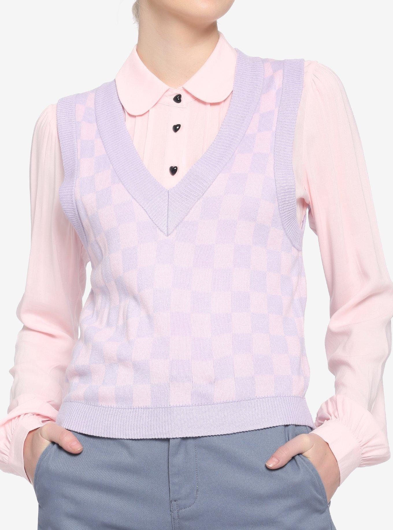 Pink & Lavender Checkered Girls Crop Sweater Vest, MULTI, hi-res