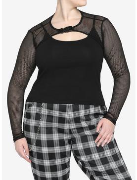Black Fishnet Buckle Twofer Girls Top Plus Size, , hi-res
