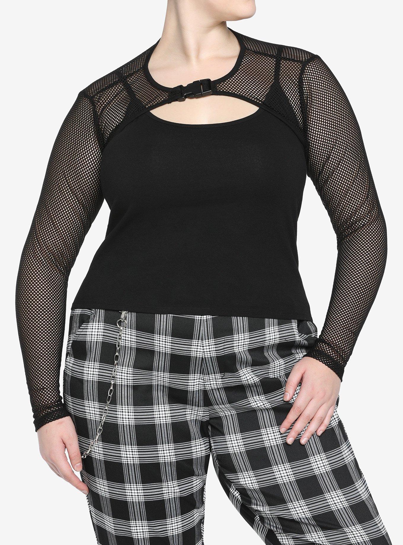 Black Fishnet Buckle Twofer Girls Top Plus Size, BLACK, hi-res