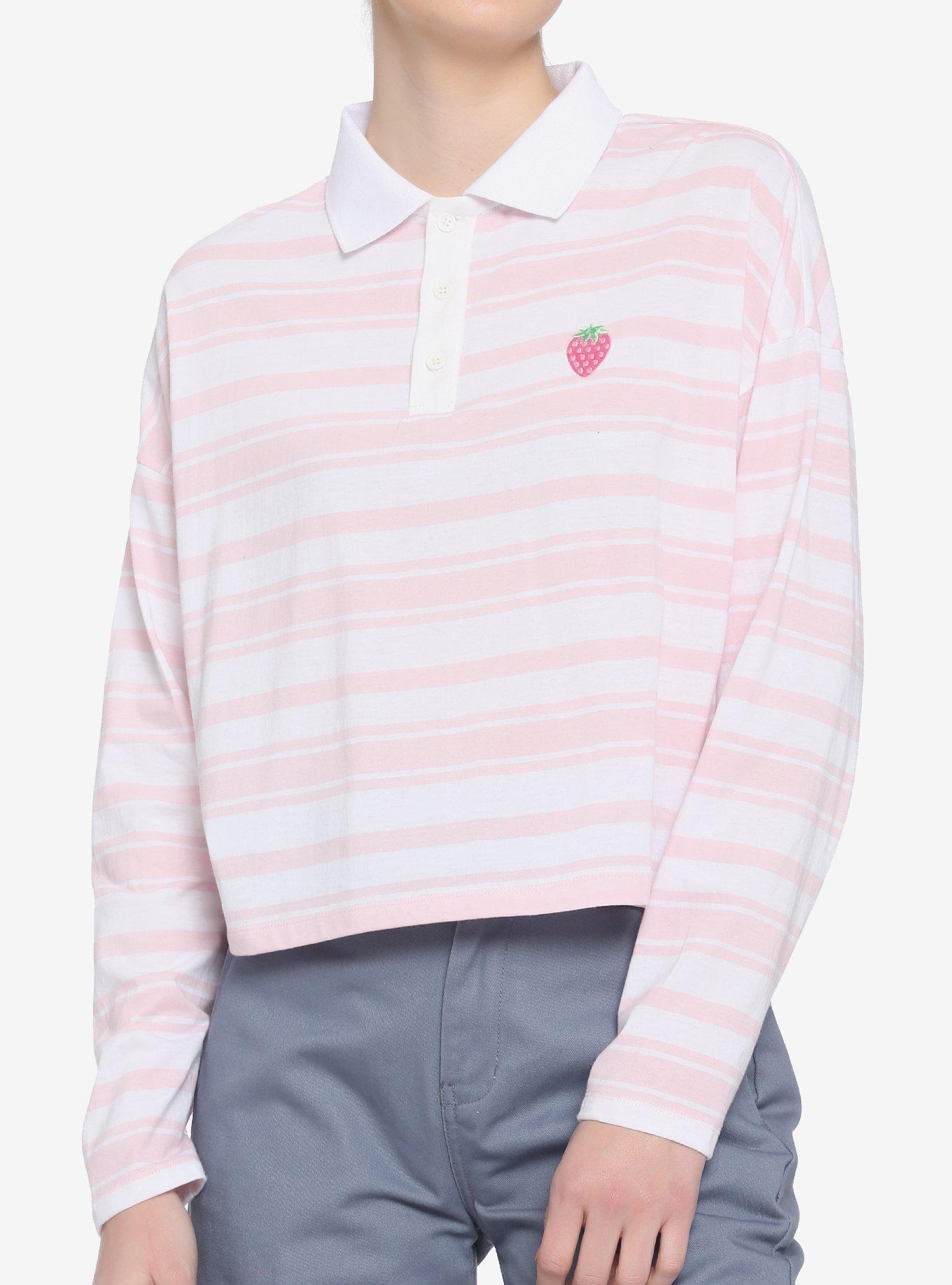 Strawberry Stripe Girls Crop Polo Long-Sleeve Shirt